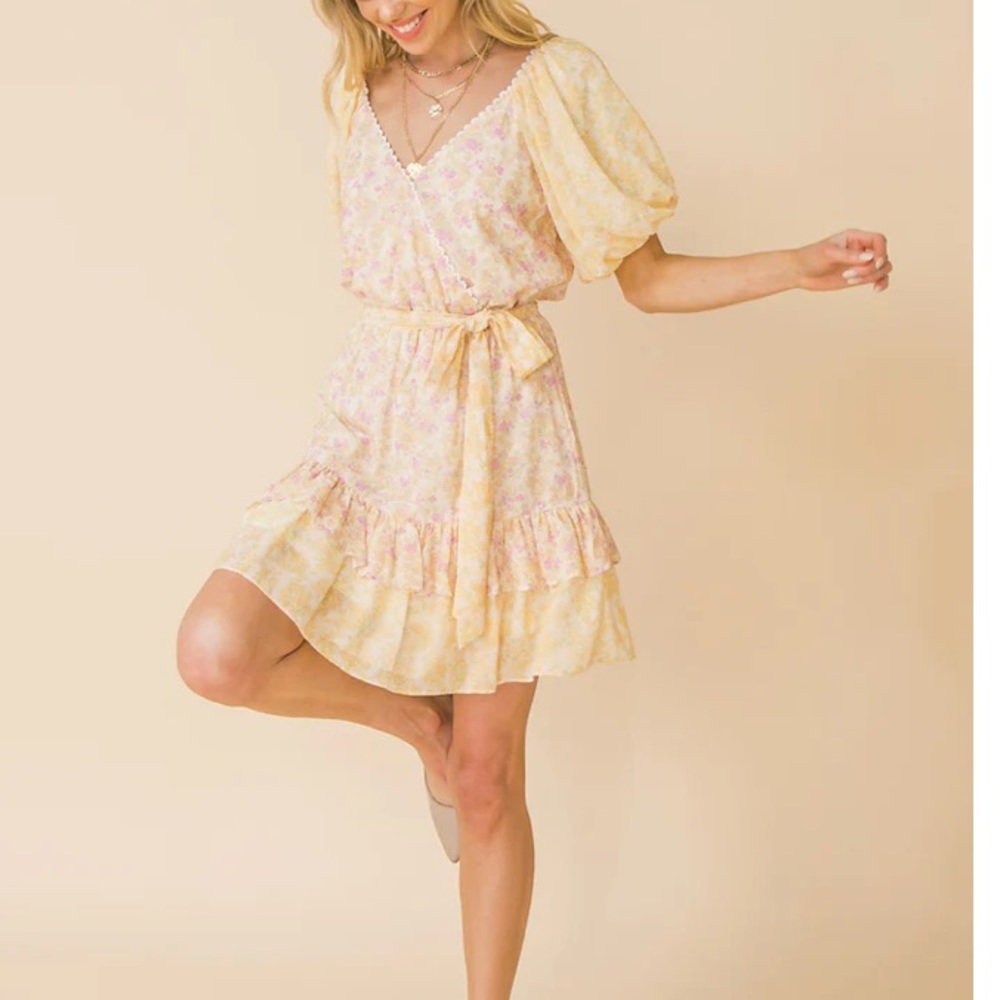 LOVE COLETTE Butter Yellow Floral Mini Dress